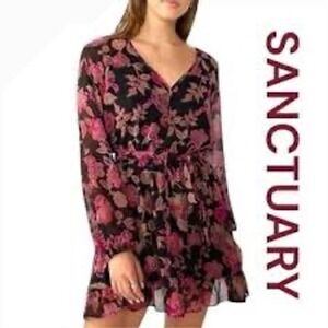 Sanctuary Black Floral Print V Neck Long Sleeve Mini Dress Women's size S‎